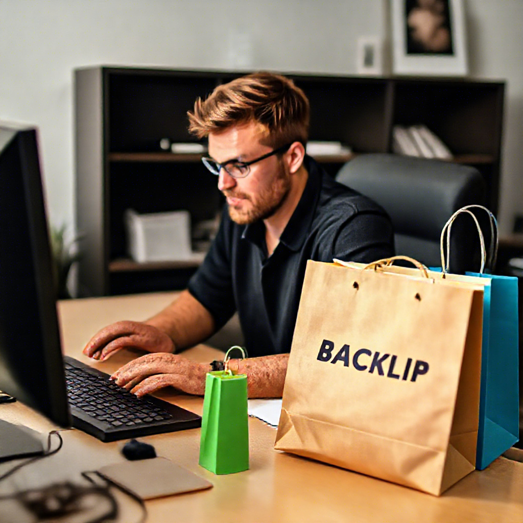 A man using Shopify at his desk, with shopping bags scattered around. The shopping bag closest to the camera has the word "BACKLIP" printed on it.