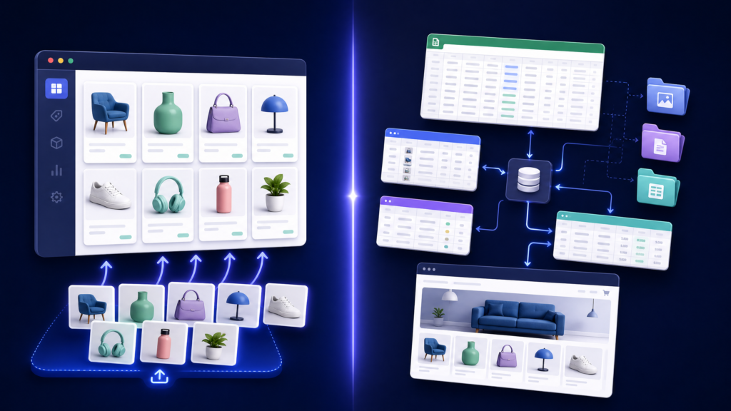 Visual comparison of focused bulk product image upload and broader Shopify store migration workflows