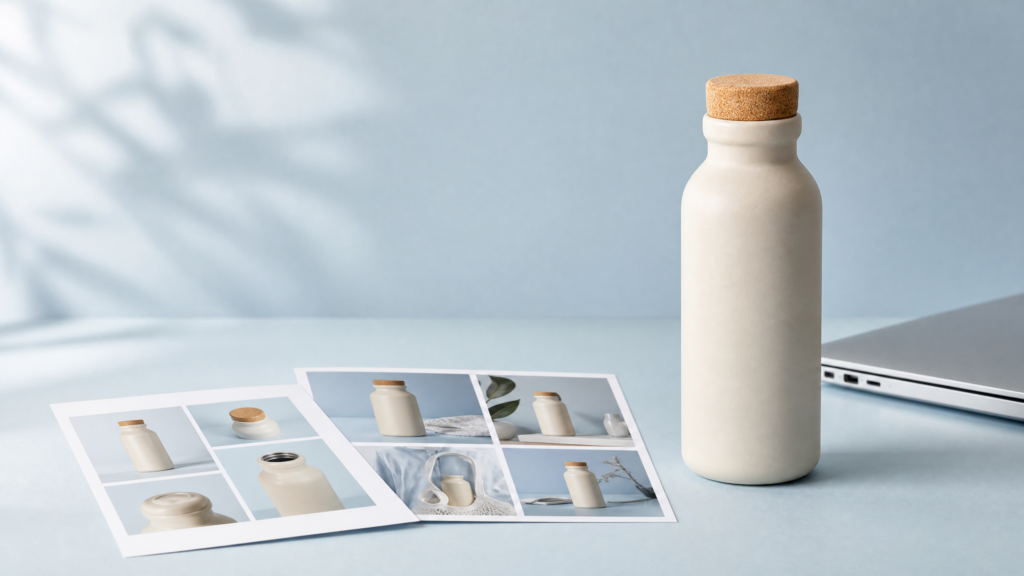 Unbranded reusable bottle photographed with product image contact sheets for ecommerce image SEO