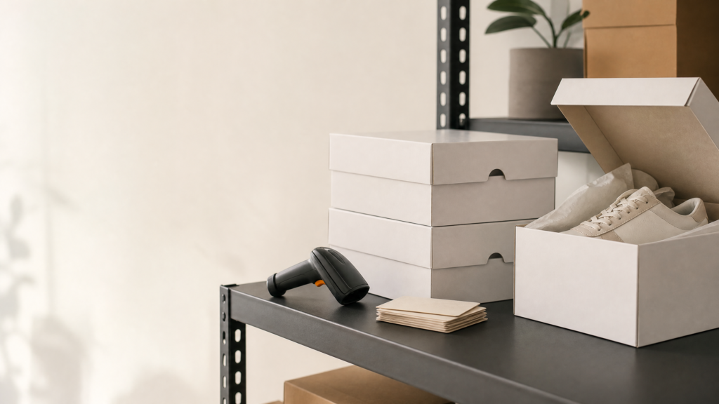 Unbranded sneaker boxes and barcode scanner illustrating accurate low stock management for an ecommerce product page