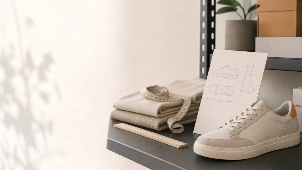 Sneaker, measuring tape and product size guide illustration for a Shopify product page